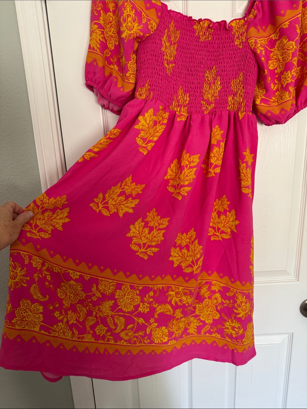 Haptics Smocked Fuchsia Midi Dress with Yellow Floral Print - Picture 3 of 3